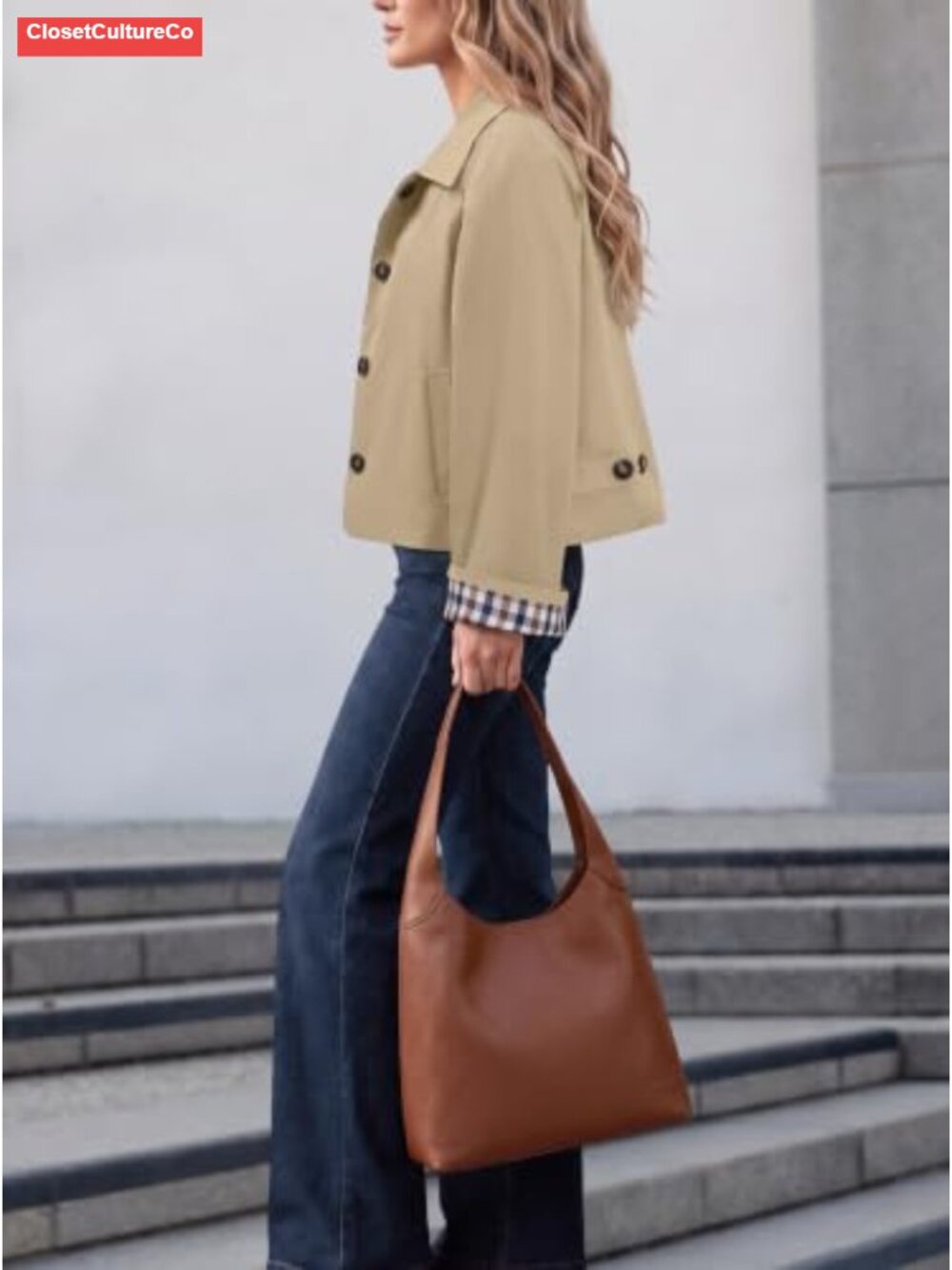 Women's Oversized Cropped Trench Coat Lightweight Casual Jacket - Picture 3 of 6